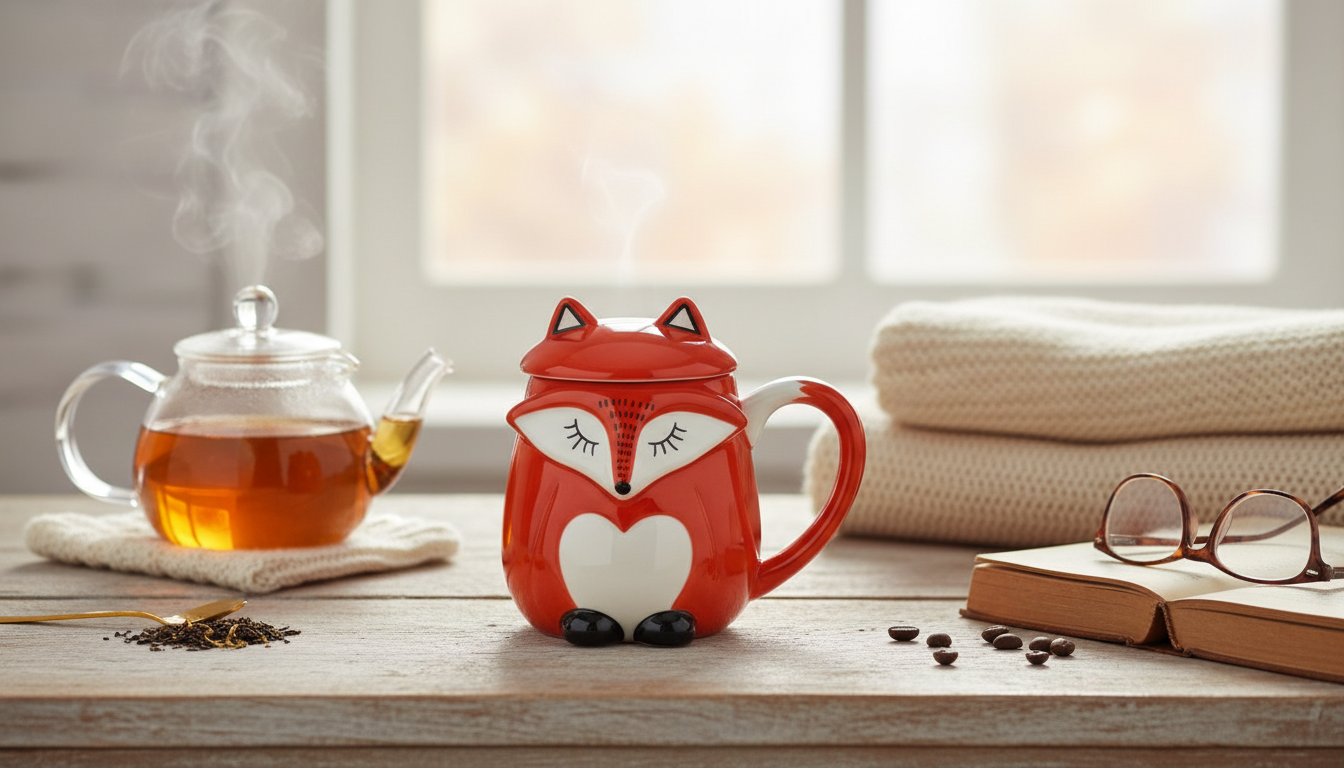 330ml Ceramic Fox Mug with Lid for Cozy Coffee & Tea