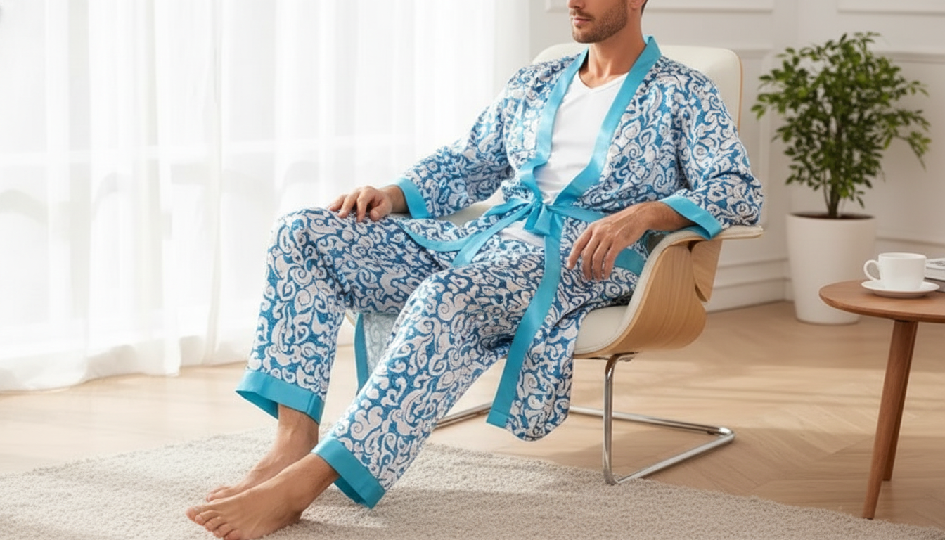 Men’s Satin Kimono Pajama Set: Robe Top + Trousers