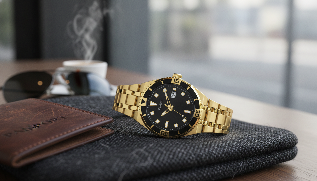 Guess Men’s Gold-Tone Quartz Watch: Black Dial Style