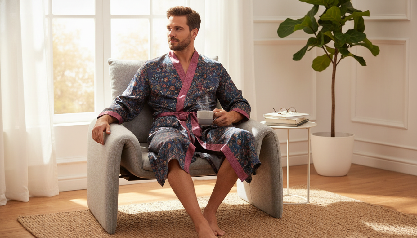 Navy Printed Men’s Satin Kimono Robe with Belt